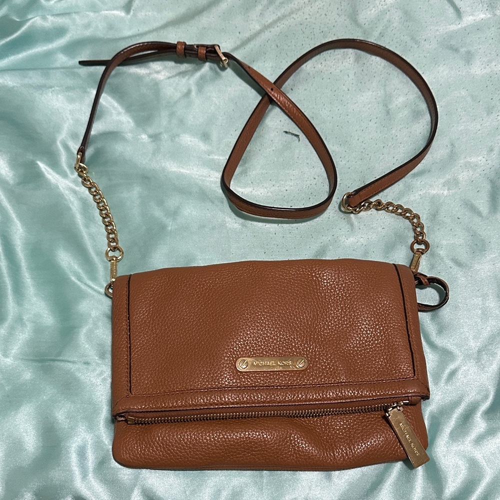Michael Kors Tan Pebbled Leather Crossbody with Gold Chain